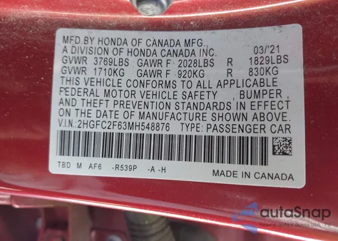 2021 Honda Civic Lx z USA, uszkodzony, nr VIN 2HGFC2F63MH548876